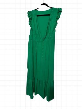 Anthropologie Green Button-Front Midi Dress